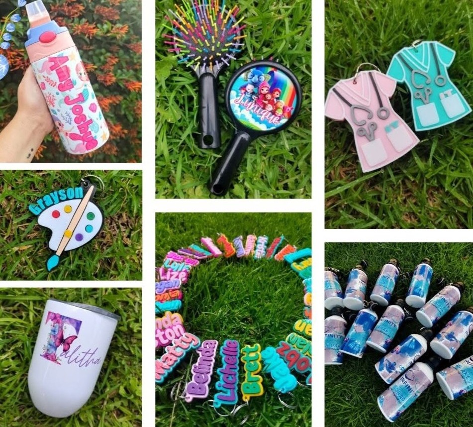 Collage of Sage & Bee Studio products including tumblers, keyrings, bottle charms, and personalised gifts